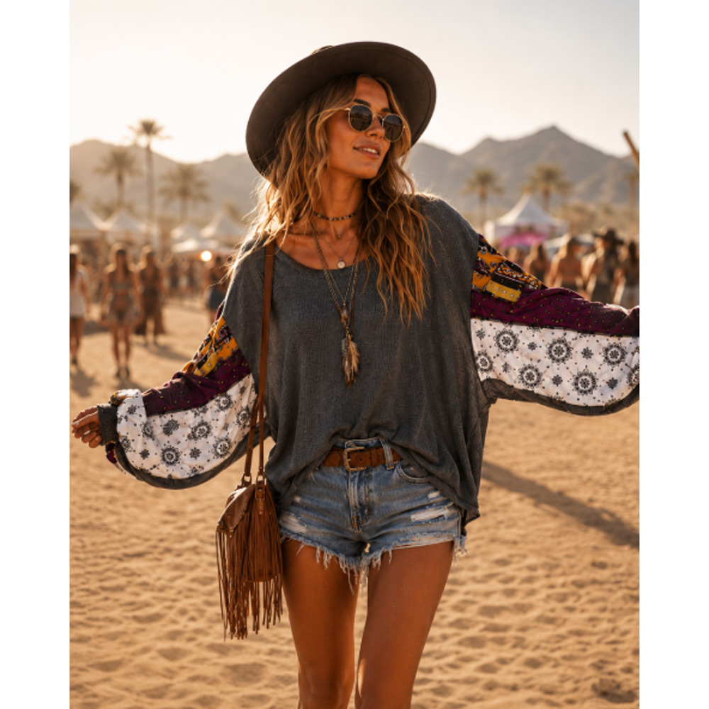 Free People We The Free Blossom Gray Thermal Top Patchwork Balloon Slv Sz M Boho - Picture 2 of 16